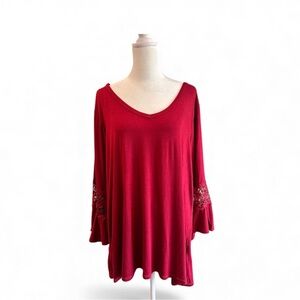 1X rose + olive NWT red crochet plus top shirt red peasant hippie long sleeve